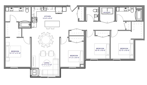 Floor plan for 4 beds, 2.5 baths, 1525 sqft